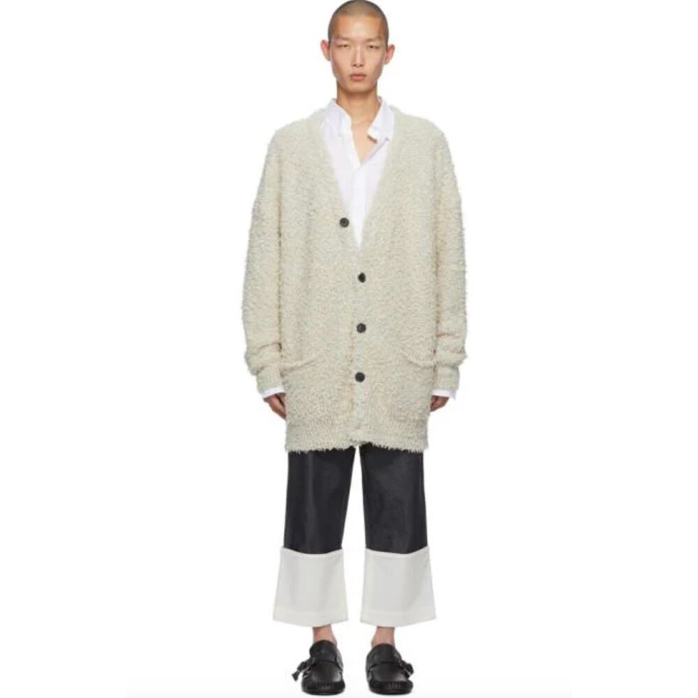 Loewe Men's Beige Yzzuf Cardigan Sweater Size XL Linen Wool Blend Shaggy Cream